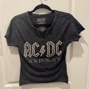 AC/DC Black V-Neck Tee with Pearl Accents